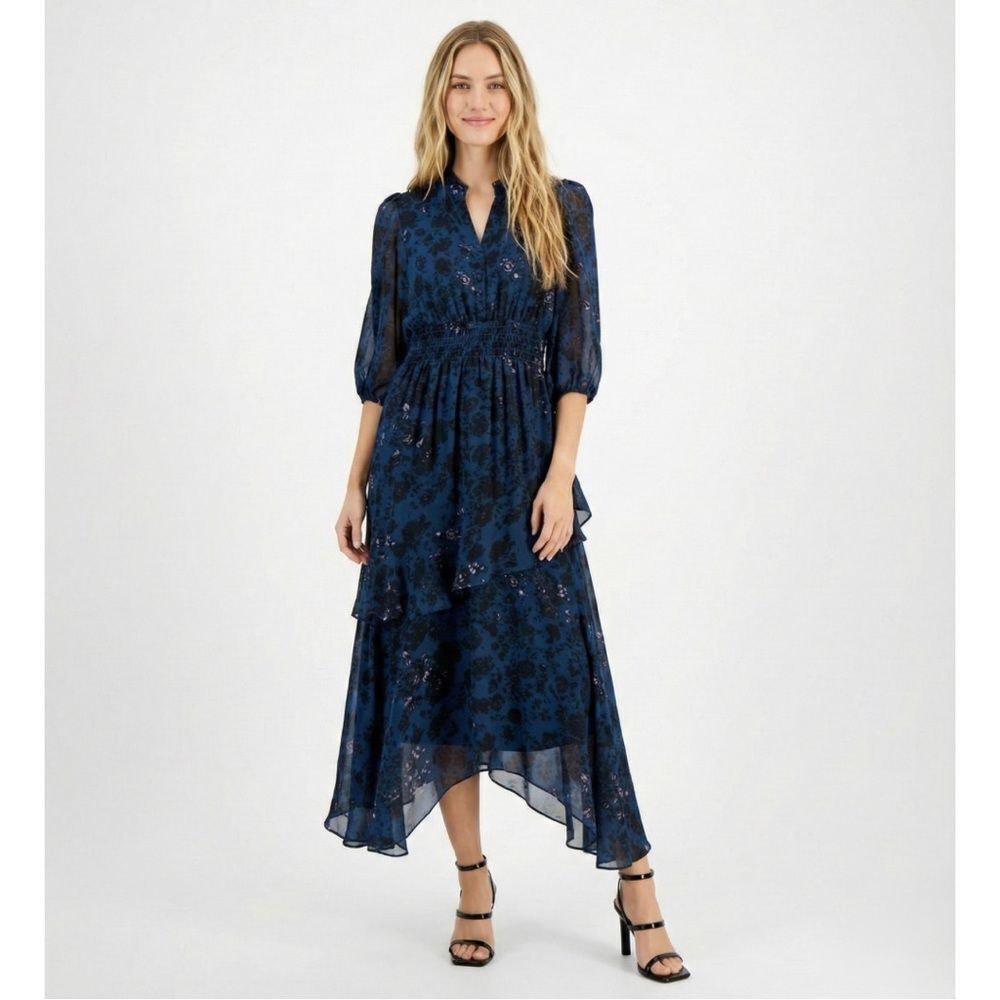 SOLD Navy Blue Floral Chiffon Ruffle Dress 4 NWOT Smocked
